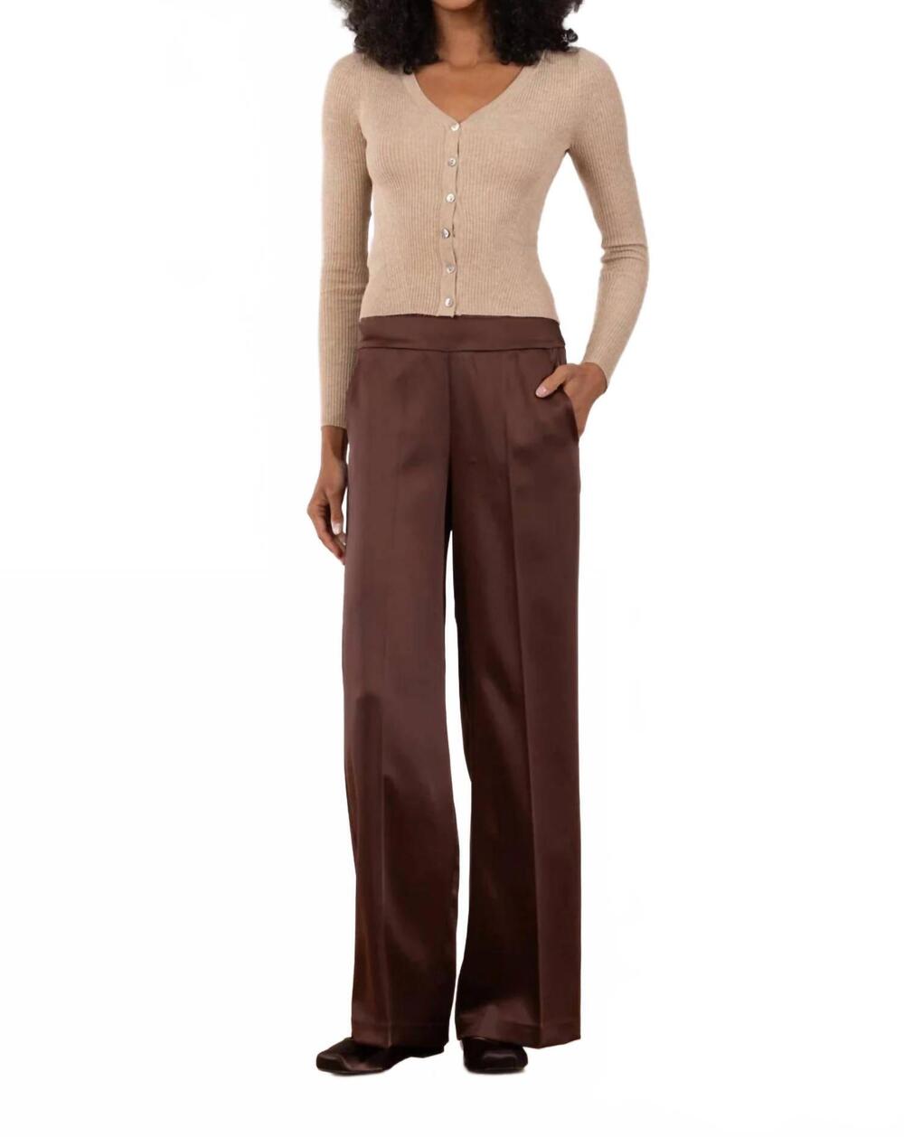 NEW AVENUE MONTAIGNE carla palazzo pant in liquid satin brown